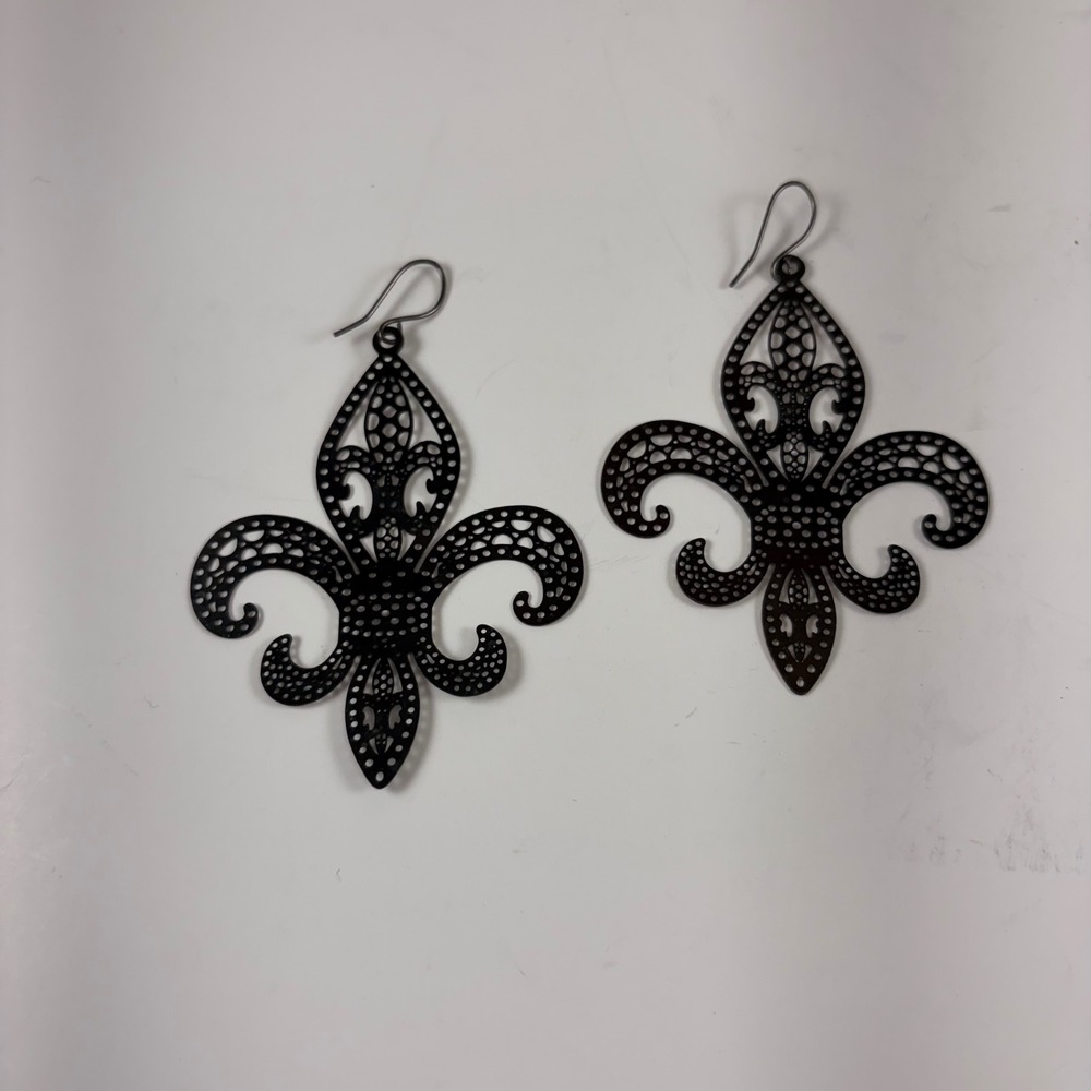 Black Fleur De Lis Filigree Drop Earrings Large Statement Laser Cut Gothic Hook